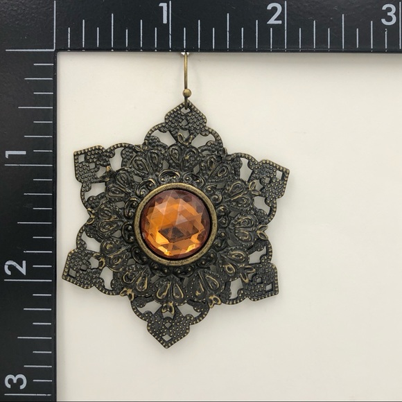 🌼 Filigree Star Flower Vintage Look Brown Gem Dangle Earrings - Picture 2 of 2